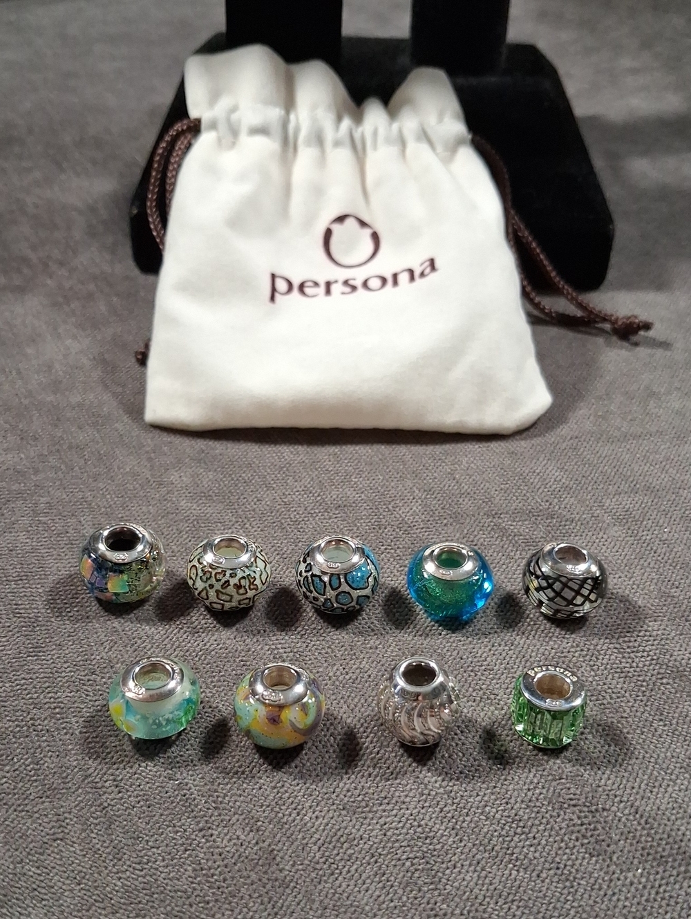 Lot of 9 Persona 925 Sterling Silver Bead Charms VG+ 5 Murano Glass + 2 Crystals
